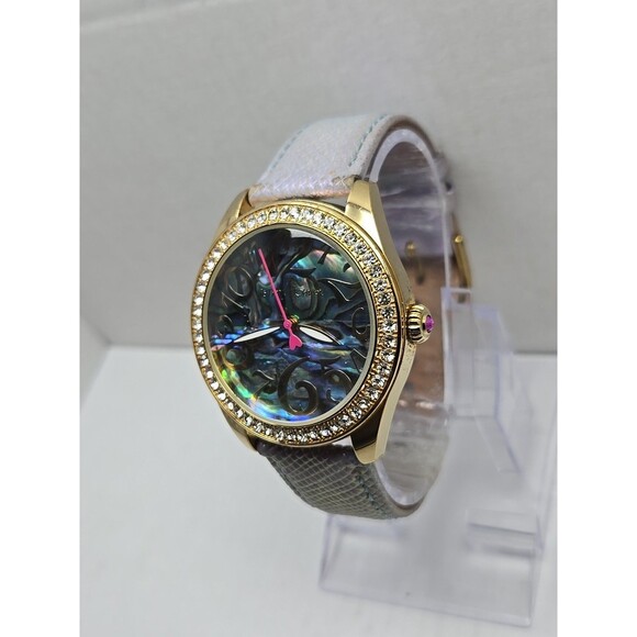 Betsey Johnson Abalone Dial Crystals Iridescent Purple Womens Watch New Battery - Picture 2 of 14